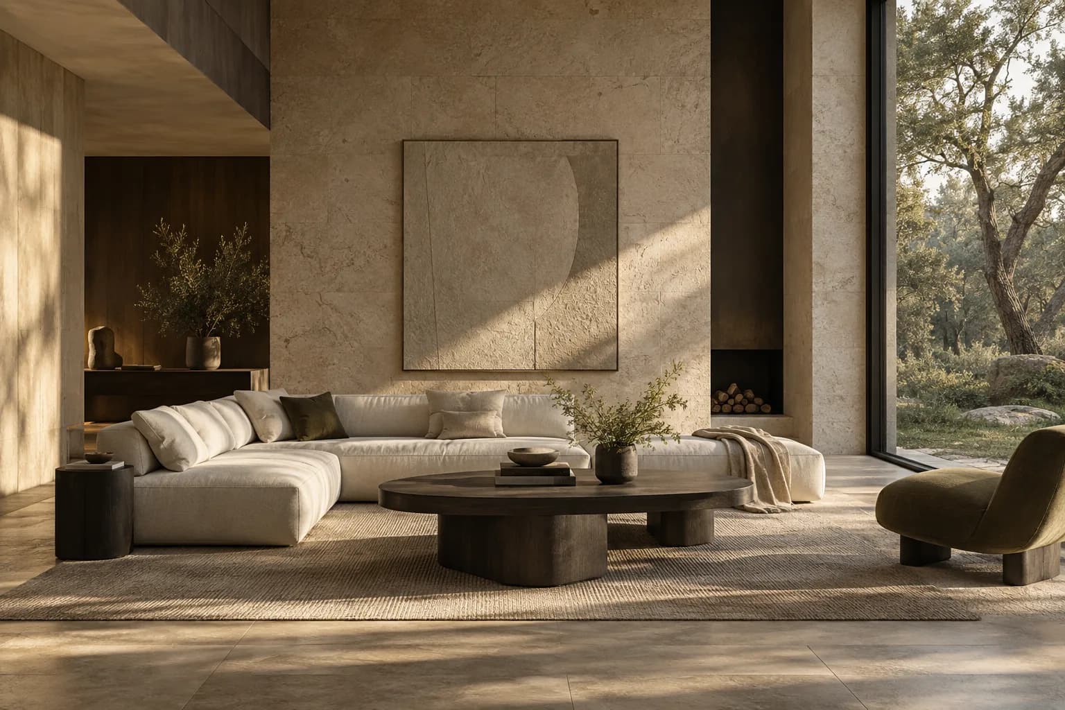 Living room concept with natural light, stone walls and a soft sofa.